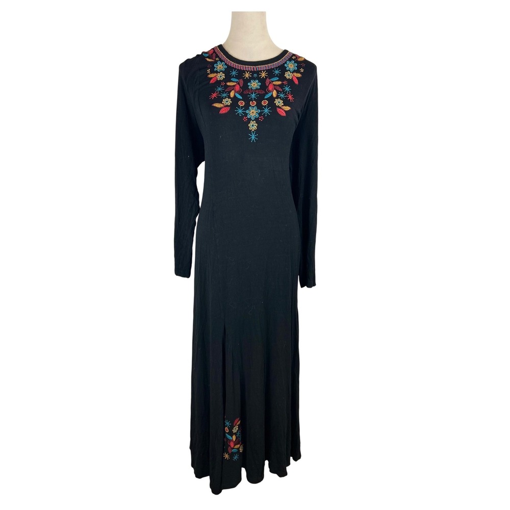 Soft Surroundings Floral Embroidered Long Sleeve Black Maxi Dress Women's 1X